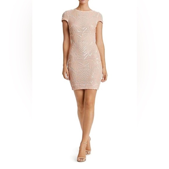 Dress the Population Tabitha Sequin Mesh peach nude art deco Mini dress size L - Picture 3 of 3